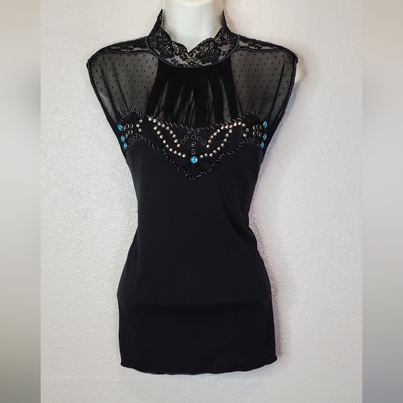 Free People Rare Black Sheer Lace Beaded Fitted Blouse Mandarin Collar Sz Medium - Picture 1 of 9